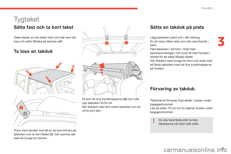 CITROEN E-MEHARI 2016 InstruktionsbÖcker (in Swedish) 51
e-mehari_sv_Chap03_confort_ed02-2016
Ty g t a k e t
Sätta fast och ta bort taket
Taket består av två dukar fram och bak som tas
loss och sätts tillbaka på samma sätt.
Ta loss en takduk
Tryck CITROEN E-MEHARI 2016 InstruktionsbÖcker (in Swedish) 51
e-mehari_sv_Chap03_confort_ed02-2016
Ty g t a k e t
Sätta fast och ta bort taket
Taket består av två dukar fram och bak som tas
loss och sätts tillbaka på samma sätt.
Ta loss en takduk
Tryck