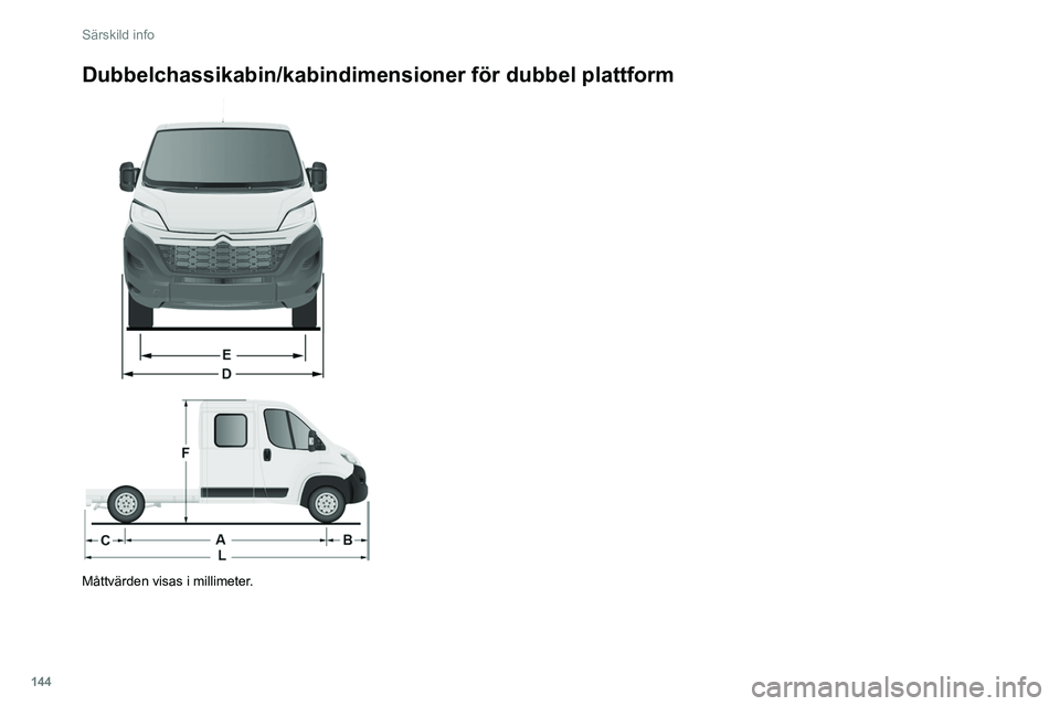 CITROEN JUMPER 2020 InstruktionsbÖcker (in Swedish) 144
Särskild info
Dubbelchassikabin/kabindimensioner för dubbel plattform
Måttvärden visas i millimeter. CITROEN JUMPER 2020 InstruktionsbÖcker (in Swedish) 144
Särskild info
Dubbelchassikabin/kabindimensioner för dubbel plattform
Måttvärden visas i millimeter.