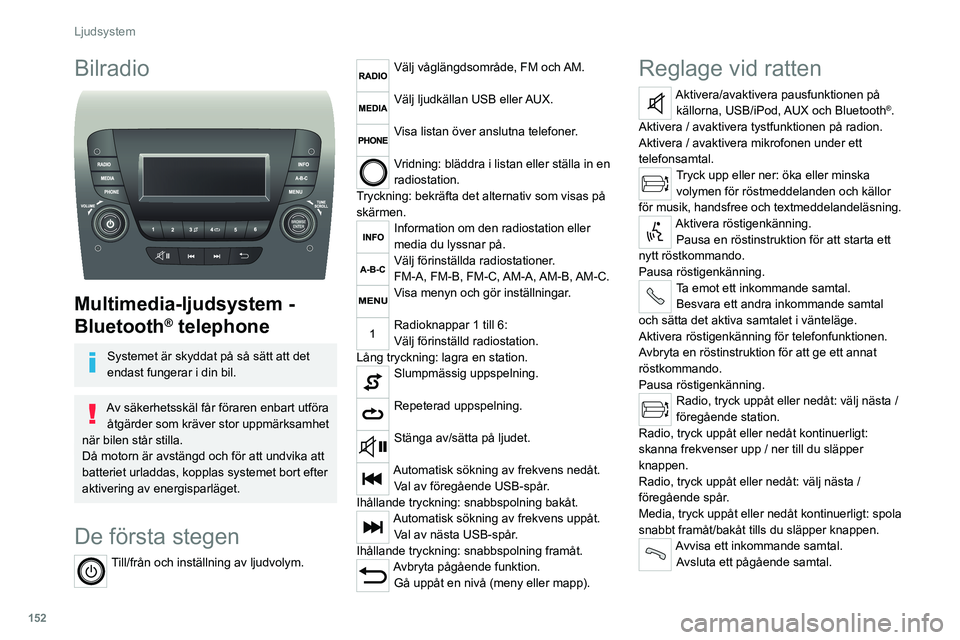 CITROEN JUMPER 2020 InstruktionsbÖcker (in Swedish) 152
Ljudsystem
Bilradio
Multimedia-ljudsystem -
Bluetooth
® telephone
Systemet är skyddat på så sätt att det
endast fungerar i din bil.
Av säkerhetsskäl får föraren enbart utföra åtg CITROEN JUMPER 2020 InstruktionsbÖcker (in Swedish) 152
Ljudsystem
Bilradio
Multimedia-ljudsystem -
Bluetooth
® telephone
Systemet är skyddat på så sätt att det
endast fungerar i din bil.
Av säkerhetsskäl får föraren enbart utföra åtg