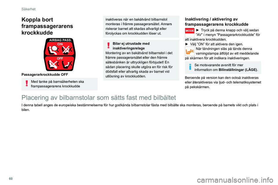 CITROEN JUMPER 2020 InstruktionsbÖcker (in Swedish) 60
Säkerhet
”ISOFIX”-fästen
Om bilen är utrustad med ”ISOFIX”-fästen
identifieras dessa genom etiketter.
Fästena består av tre ringar för varje sittplats:
Koppla bort
frampassage CITROEN JUMPER 2020 InstruktionsbÖcker (in Swedish) 60
Säkerhet
”ISOFIX”-fästen
Om bilen är utrustad med ”ISOFIX”-fästen
identifieras dessa genom etiketter.
Fästena består av tre ringar för varje sittplats:
Koppla bort
frampassage