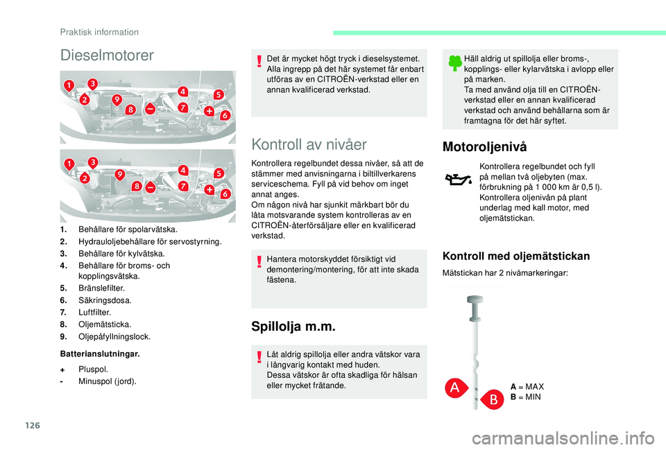 CITROEN JUMPER 2019 InstruktionsbÖcker (in Swedish) 126
Dieselmotorer
1.Behållare för spolarvätska.
2. Hydrauloljebehållare för servostyrning.
3. Behållare för kylvätska.
4. Behållare för broms- och
kopplingsvätska.
5. Bränslefilter.
6. S CITROEN JUMPER 2019 InstruktionsbÖcker (in Swedish) 126
Dieselmotorer
1.Behållare för spolarvätska.
2. Hydrauloljebehållare för servostyrning.
3. Behållare för kylvätska.
4. Behållare för broms- och
kopplingsvätska.
5. Bränslefilter.
6. S