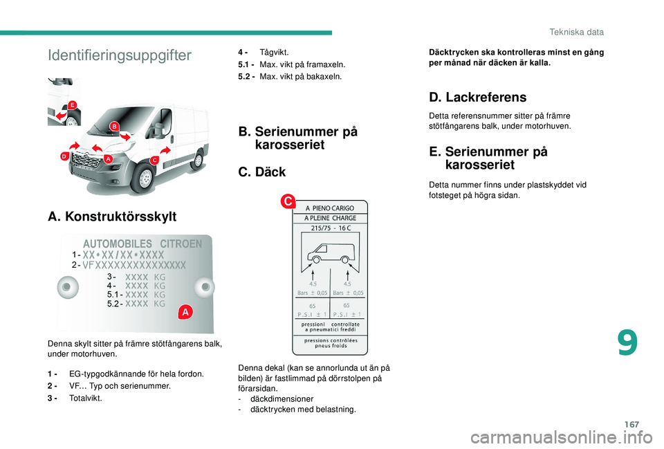 CITROEN JUMPER 2019  InstruktionsbÖcker (in Swedish) 167
Identifieringsuppgifter
A. Konstruktörsskylt
4 - Tågvikt.
5.1
  - Max. vikt på framaxeln.
5.2
  - Max. vikt på bakaxeln.
Denna skylt sitter på främre stötfångarens balk, 
under motorhuven.