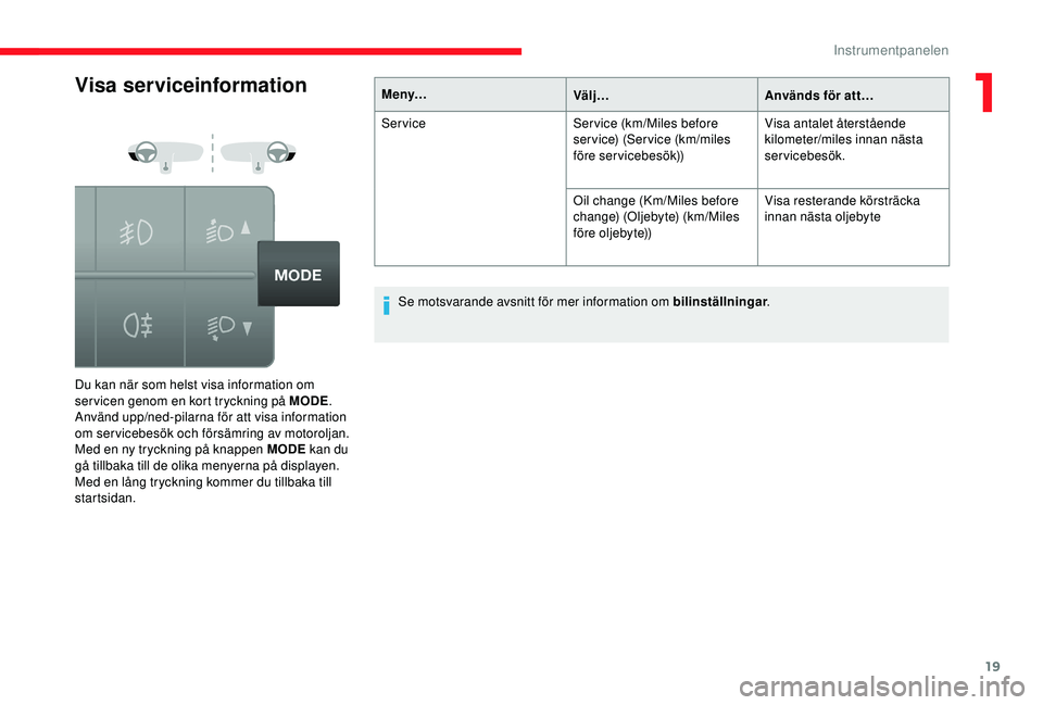 CITROEN JUMPER 2019  InstruktionsbÖcker (in Swedish) 19
Visa serviceinformation
Du kan när som helst visa information om 
ser vicen genom en kort tryckning på MODE.
Använd upp/ned-pilarna för att visa information 
om servicebesök och försämring a