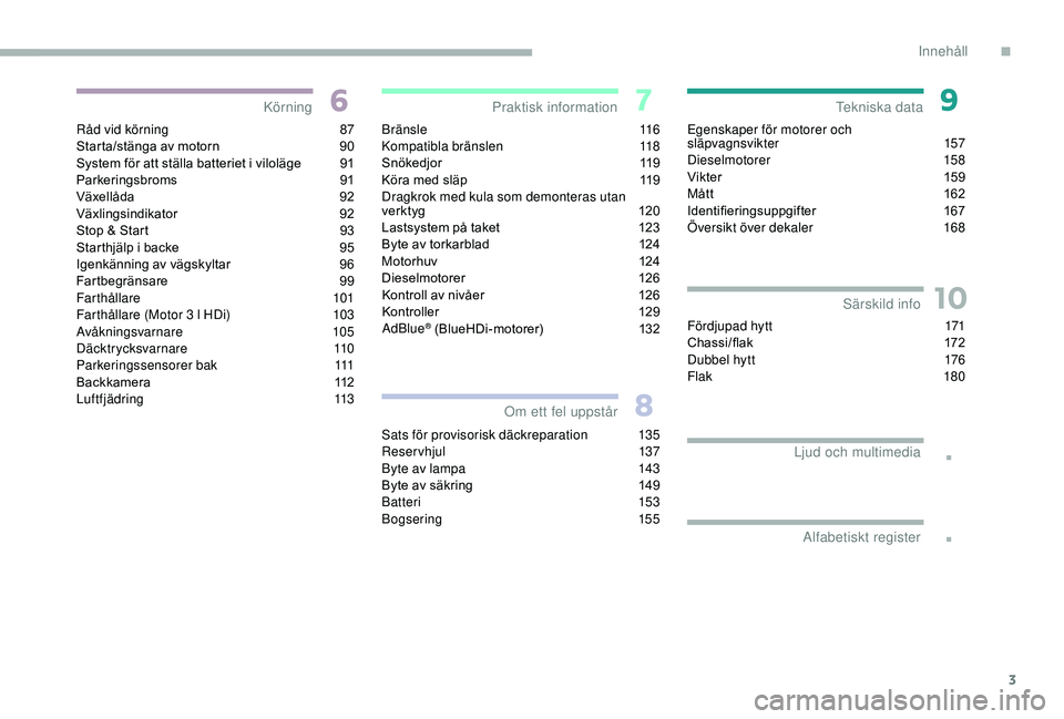 CITROEN JUMPER 2019  InstruktionsbÖcker (in Swedish) 3
.
.
10
Råd vid körning 87
S tarta/stänga av motorn  9 0
System för att ställa batteriet i
  viloläge  
9
 1
Parkeringsbroms
 9

1
Växellåda
 9

2
Växlingsindikator
 9

2
Stop & Start
 
9
 3