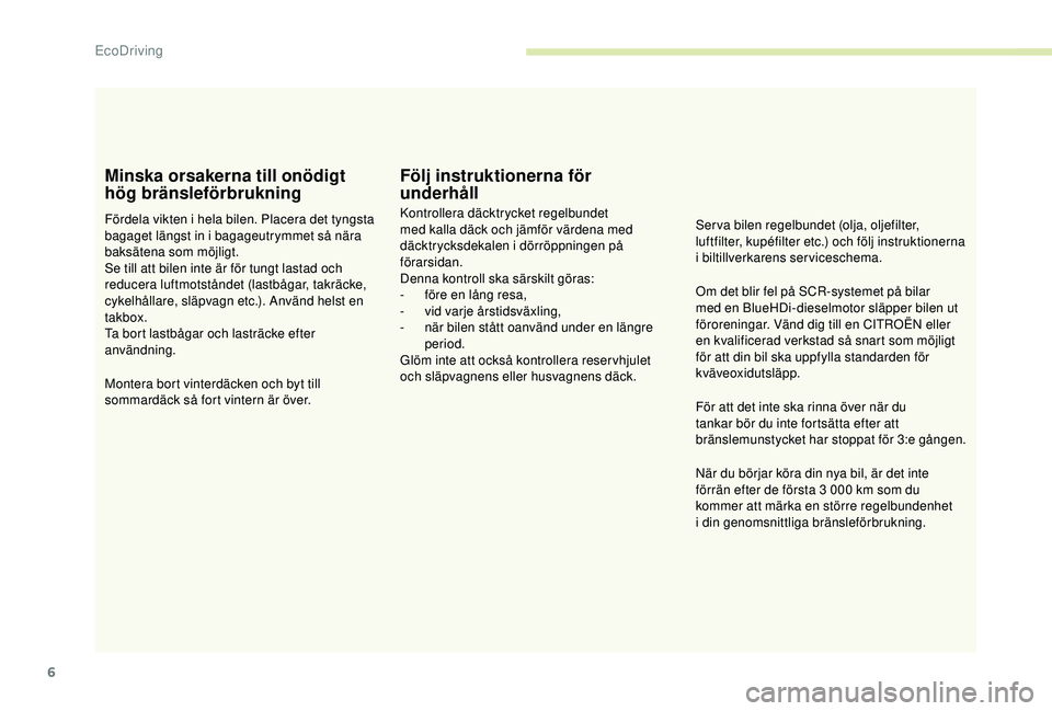 CITROEN JUMPER 2019 InstruktionsbÖcker (in Swedish) 6
Minska orsakerna till onödigt
hög bränsleförbrukning
Fördela vikten i hela bilen. Placera det tyngsta
bag aget längst in i bagageutrymmet så nära
baksätena som möjligt.
Se till att bil CITROEN JUMPER 2019 InstruktionsbÖcker (in Swedish) 6
Minska orsakerna till onödigt
hög bränsleförbrukning
Fördela vikten i hela bilen. Placera det tyngsta
bag aget längst in i bagageutrymmet så nära
baksätena som möjligt.
Se till att bil