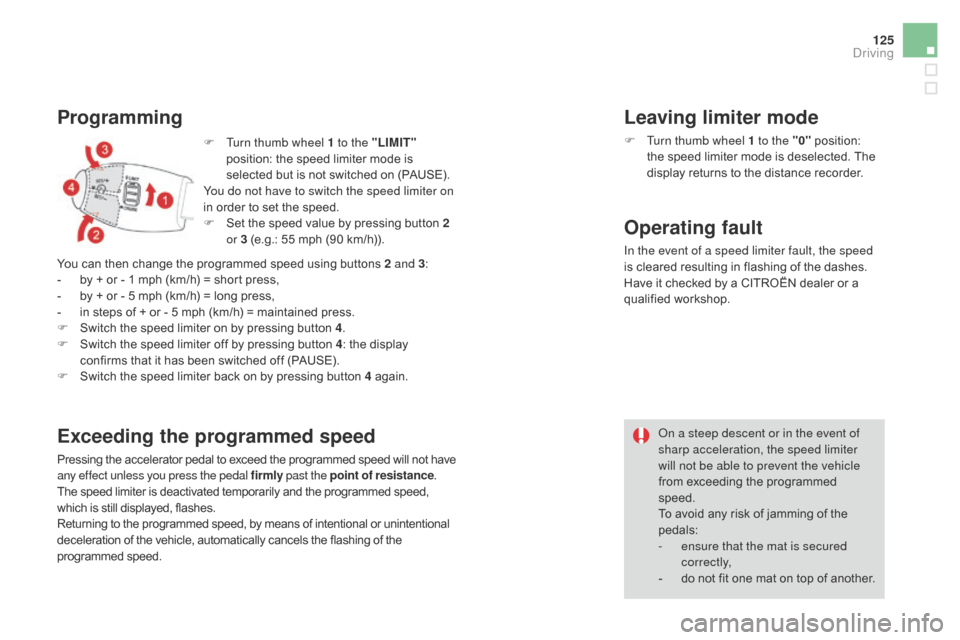 Citroen DS3 2016 1.G Owners Manual 125
DS3_en_Chap04_conduite_ed02-2015
F Turn thumb wheel 1 to the "LIMIT" 
p osition: t he s peed l imiter m ode i s se

lected
 b
 ut
 i
 s
 n
 ot
 s
 witched
 o
 n
 (
 PAUSE).
You do not 