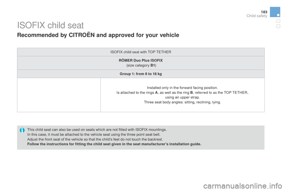 Citroen DS3 2016 1.G Owners Manual 183
DS3_en_Chap07_securite-enfants_ed02-2015
ISOFIX child seat
This child seat can also be used on seats which are not fitted with ISOFIX mountings.
In t his c ase, i t m ust b e Citroen DS3 2016 1.G Owners Manual 183
DS3_en_Chap07_securite-enfants_ed02-2015
ISOFIX child seat
This child seat can also be used on seats which are not fitted with ISOFIX mountings.
In t his c ase, i t m ust b e
