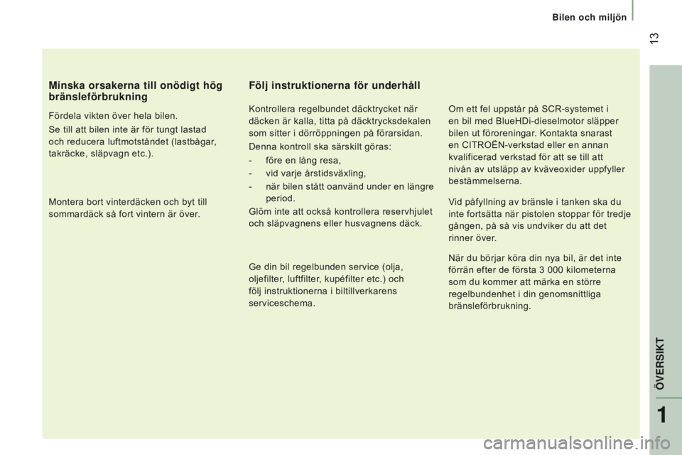 CITROEN JUMPER 2017 InstruktionsbÖcker (in Swedish) 13
Bilen och miljön
Jumper_sv_Chap01_vue-ensemble_ed01-2016
Minska orsakerna till onödigt hög
bränsleförbrukning
Fördela vikten över hela bilen.
Se till att bilen inte är för tungt lastad
CITROEN JUMPER 2017 InstruktionsbÖcker (in Swedish) 13
Bilen och miljön
Jumper_sv_Chap01_vue-ensemble_ed01-2016
Minska orsakerna till onödigt hög
bränsleförbrukning
Fördela vikten över hela bilen.
Se till att bilen inte är för tungt lastad