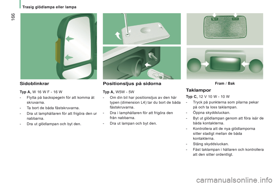 CITROEN JUMPER 2017 InstruktionsbÖcker (in Swedish) 166
Jumper_sv_Chap08_Aide-Rapide_ed01-2016
Taklampor
Typ C, 12 V 10 W - 10 W
-
T
ryck på punkterna som pilarna pekar
på och ta loss taklampan.
-
Öppna skyddsluckan.
-
Byt ut glöd CITROEN JUMPER 2017 InstruktionsbÖcker (in Swedish) 166
Jumper_sv_Chap08_Aide-Rapide_ed01-2016
Taklampor
Typ C, 12 V 10 W - 10 W
-
T
ryck på punkterna som pilarna pekar
på och ta loss taklampan.
-
Öppna skyddsluckan.
-
Byt ut glöd