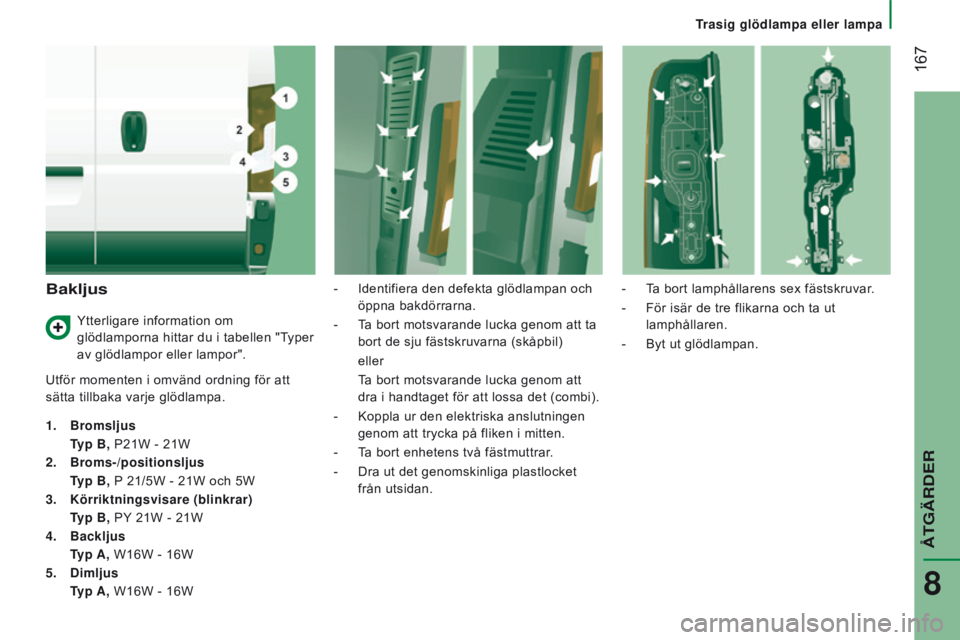 CITROEN JUMPER 2017 InstruktionsbÖcker (in Swedish) 167
Jumper_sv_Chap08_Aide-Rapide_ed01-2016
Bakljus
Utför momenten i omvänd ordning för att
sätta tillbaka varje glödlampa.
1.
Bromsljus
T
yp B, P21W - 21W
2.
Broms-/positionsljus
T
y CITROEN JUMPER 2017 InstruktionsbÖcker (in Swedish) 167
Jumper_sv_Chap08_Aide-Rapide_ed01-2016
Bakljus
Utför momenten i omvänd ordning för att
sätta tillbaka varje glödlampa.
1.
Bromsljus
T
yp B, P21W - 21W
2.
Broms-/positionsljus
T
y