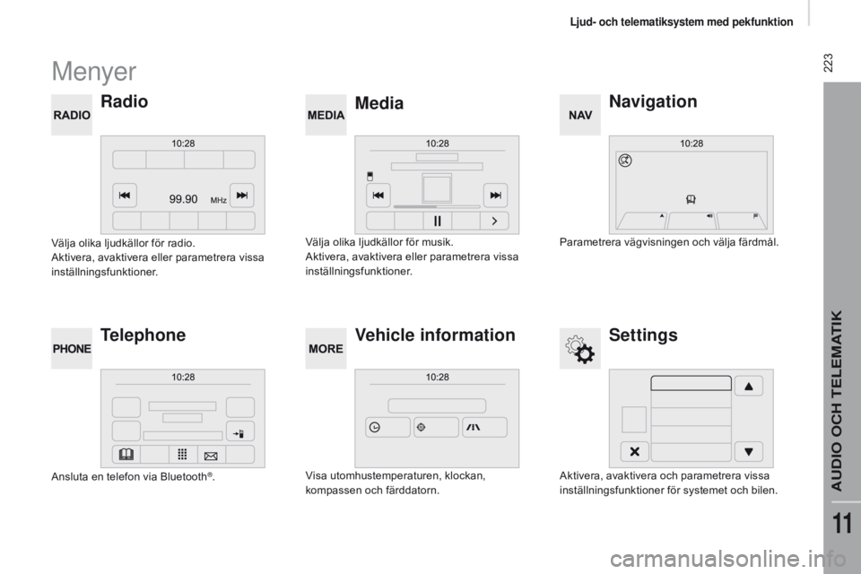 CITROEN JUMPER 2017  InstruktionsbÖcker (in Swedish)  223
Jumper_sv_Chap11a_Autoradio-Fiat-tactile-1_ed01-2016
Menyer
navigation
Media
Radio
Settings
Telephone Vehicle information
Parametrera vägvisningen och välja färdmål.
Välja olika ljudkällor 