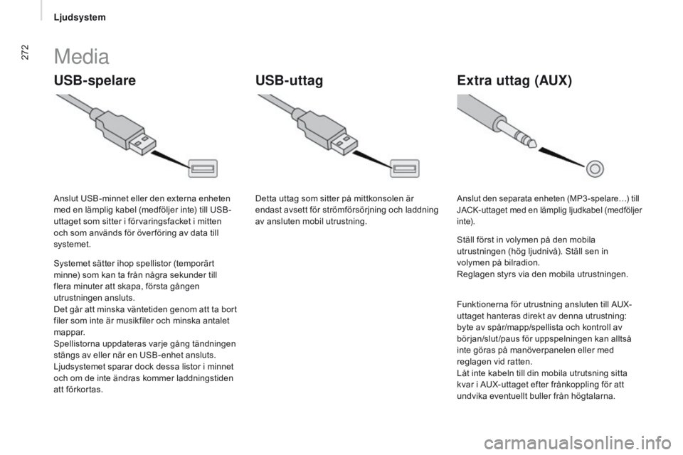 CITROEN JUMPER 2017  InstruktionsbÖcker (in Swedish) 272
Jumper_sv_Chap11b_Autoradio-Fiat-4_ed01-2016
USB-spelareextra uttag (AUx)
US B-uttag
Media
Systemet sätter ihop spellistor (temporärt 
minne) som kan ta från några sekunder till  
flera minute