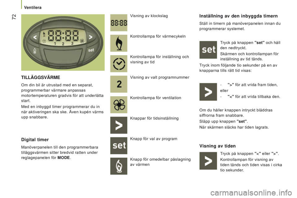 CITROEN JUMPER 2017 InstruktionsbÖcker (in Swedish) 72
Jumper_sv_Chap03_Ergo-et-confort_ed01-2016
Inställning av den inbyggda timern
Ställ in timern på manöverpanelen innan du
programmerar systemet.Tryck på knappen "set" och håll
den n CITROEN JUMPER 2017 InstruktionsbÖcker (in Swedish) 72
Jumper_sv_Chap03_Ergo-et-confort_ed01-2016
Inställning av den inbyggda timern
Ställ in timern på manöverpanelen innan du
programmerar systemet.Tryck på knappen "set" och håll
den n