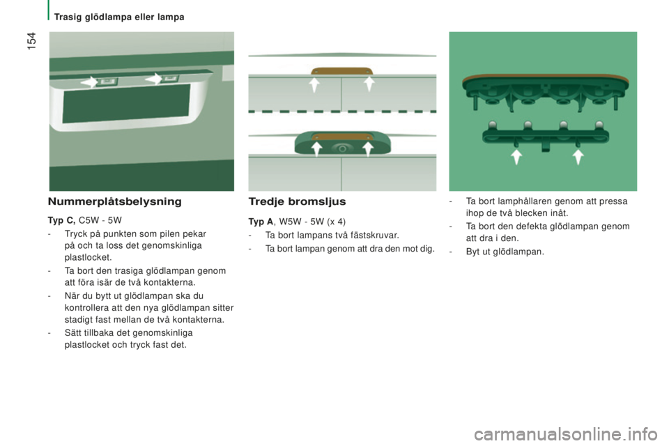 CITROEN JUMPER 2016 InstruktionsbÖcker (in Swedish) 154
jumper_sv_Chap08_Aide-Rapide_ed01-2015
Tredje bromsljus
Typ A, W5W - 5W (x 4)
-
Ta bort lampans två fästskruvar
.
-
Ta bort lampan genom att dra den mot dig.
nummerplåtsbelysning
Typ C, C5W CITROEN JUMPER 2016 InstruktionsbÖcker (in Swedish) 154
jumper_sv_Chap08_Aide-Rapide_ed01-2015
Tredje bromsljus
Typ A, W5W - 5W (x 4)
-
Ta bort lampans två fästskruvar
.
-
Ta bort lampan genom att dra den mot dig.
nummerplåtsbelysning
Typ C, C5W