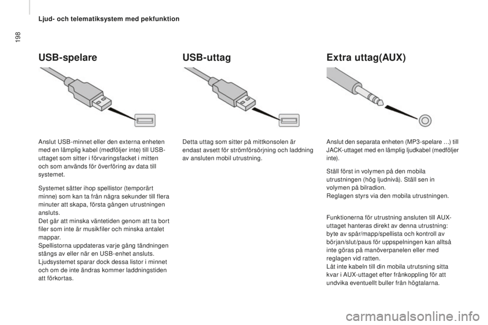 CITROEN JUMPER 2016 InstruktionsbÖcker (in Swedish) 198
jumper_sv_Chap10a_Autoradio-Fiat-tactile-1_ed01-2015
USB-spelare
Systemet sätter ihop spellistor (temporärt
minne) som kan ta från några sekunder till flera
minuter att skapa, första gånge CITROEN JUMPER 2016 InstruktionsbÖcker (in Swedish) 198
jumper_sv_Chap10a_Autoradio-Fiat-tactile-1_ed01-2015
USB-spelare
Systemet sätter ihop spellistor (temporärt
minne) som kan ta från några sekunder till flera
minuter att skapa, första gånge