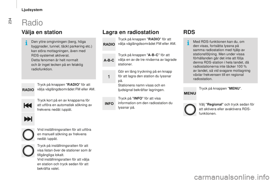 CITROEN JUMPER 2016 InstruktionsbÖcker (in Swedish) 234
jumper_sv_Chap10b_Autoradio-Fiat-4_ed01-2015
Tryck kort på en av knapparna för
att utföra en automatisk sökning av
frekvens nedåt /uppåt. Tryck på knappen "RA
dI
O
" för att
và CITROEN JUMPER 2016 InstruktionsbÖcker (in Swedish) 234
jumper_sv_Chap10b_Autoradio-Fiat-4_ed01-2015
Tryck kort på en av knapparna för
att utföra en automatisk sökning av
frekvens nedåt /uppåt. Tryck på knappen "RA
dI
O
" för att
vÃ