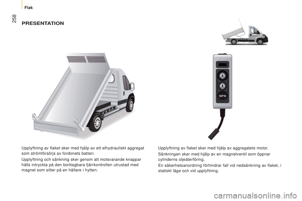 CITROEN JUMPER 2016  InstruktionsbÖcker (in Swedish)  258
jumper_sv_Chap11_Particularites_ed01-2015
pReSenTATIOn
Upplyftning av flaket sker med hjälp av ett elhydrauliskt aggregat 
som strömförsörjs av fordonets batteri.
Upplyftning och sänkning sk