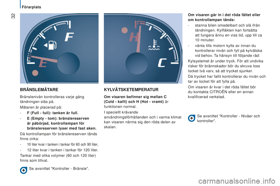 CITROEN JUMPER 2016 InstruktionsbÖcker (in Swedish) 32
jumper_sv_Chap02_Pret-a-Partir_ed01-2015
BRÄnSleMÄTARe
Bränslenivån kontrolleras varje gång
tändningen slås på.
Mätaren är placerad på:
-
F (Full - full): tanken är full.
-
e (empt CITROEN JUMPER 2016 InstruktionsbÖcker (in Swedish) 32
jumper_sv_Chap02_Pret-a-Partir_ed01-2015
BRÄnSleMÄTARe
Bränslenivån kontrolleras varje gång
tändningen slås på.
Mätaren är placerad på:
-
F (Full - full): tanken är full.
-
e (empt
