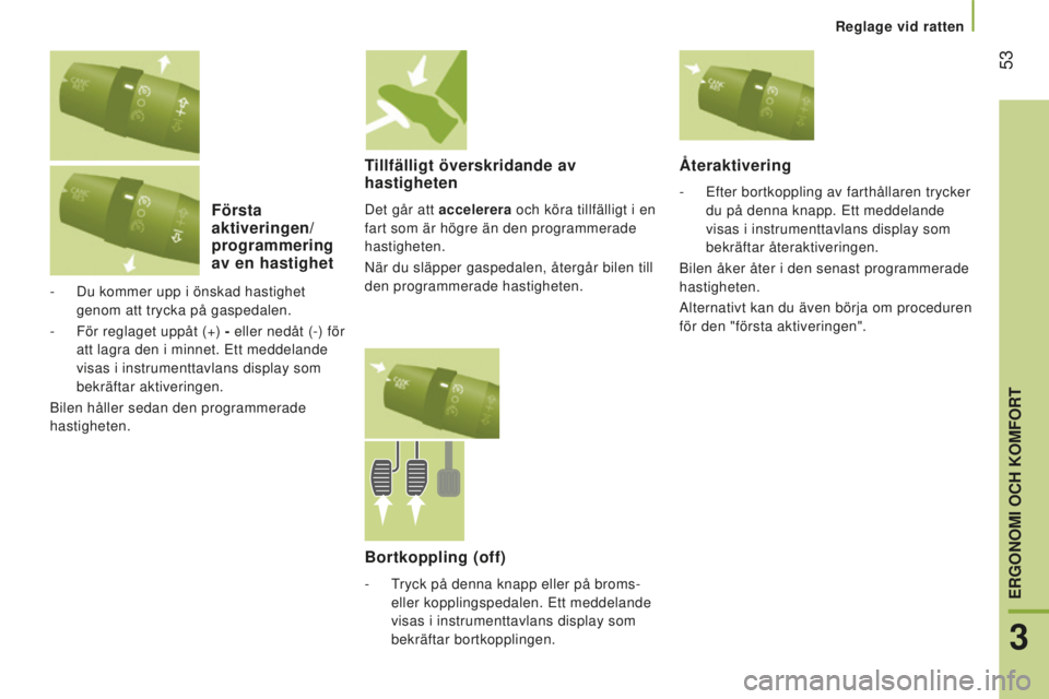 CITROEN JUMPER 2016 InstruktionsbÖcker (in Swedish) 53
jumper_sv_Chap03_Ergo-et-confort_ed01-2015
Första
aktiveringen/
programmering
av en hastighet
- Du kommer upp i önskad hastighet
genom att trycka på gaspedalen.
-
För reglaget uppåt (+) - CITROEN JUMPER 2016 InstruktionsbÖcker (in Swedish) 53
jumper_sv_Chap03_Ergo-et-confort_ed01-2015
Första
aktiveringen/
programmering
av en hastighet
- Du kommer upp i önskad hastighet
genom att trycka på gaspedalen.
-
För reglaget uppåt (+) -