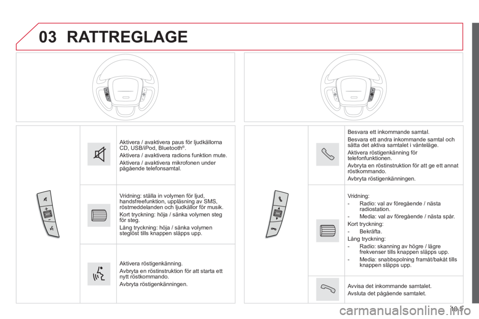 CITROEN JUMPER 2015  InstruktionsbÖcker (in Swedish) 03
10.5
JUMPER-PAPIER_SV_CHAP10A_AUTORADIO_FIAT-TACTILE-1_ED01-2014
 RATTREGLAGE 
 Aktivera / avaktivera paus för ljudkällorna CD, USB/iPod, Bluetooth ® .  Aktivera / avaktivera radions funktion mu