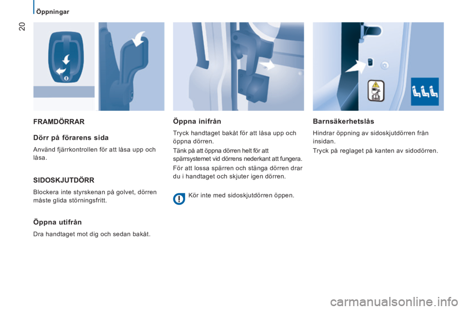 CITROEN JUMPER 2015  InstruktionsbÖcker (in Swedish) 20
   Öppningar   
JUMPER-PAPIER_SV_CHAP02_PRET A  PARTIR_ED01-2014
 FRAMDÖRRAR   Barnsäkerhetslås 
 Hindrar öppning av sidoskjutdörren från 
insidan. 
 Tryck på reglaget på kanten av sidodö