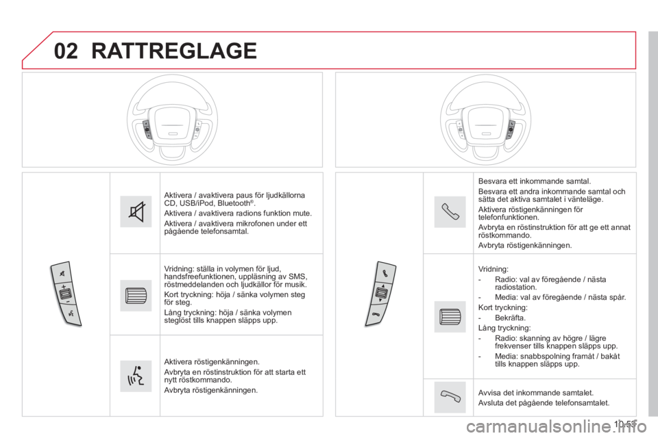 CITROEN JUMPER 2015 InstruktionsbÖcker (in Swedish) 02
10.53
JUMPER-PAPIER_SV_CHAP10B_AUTORADIO_FIAT-4_ED01-2014
RATTREGLAGE
Aktivera / avaktivera paus för ljudkällorna CD, USB/iPod, Bluetooth ® . Aktivera / avaktivera radions funktion mute. Ak CITROEN JUMPER 2015 InstruktionsbÖcker (in Swedish) 02
10.53
JUMPER-PAPIER_SV_CHAP10B_AUTORADIO_FIAT-4_ED01-2014
RATTREGLAGE
Aktivera / avaktivera paus för ljudkällorna CD, USB/iPod, Bluetooth ® . Aktivera / avaktivera radions funktion mute. Ak