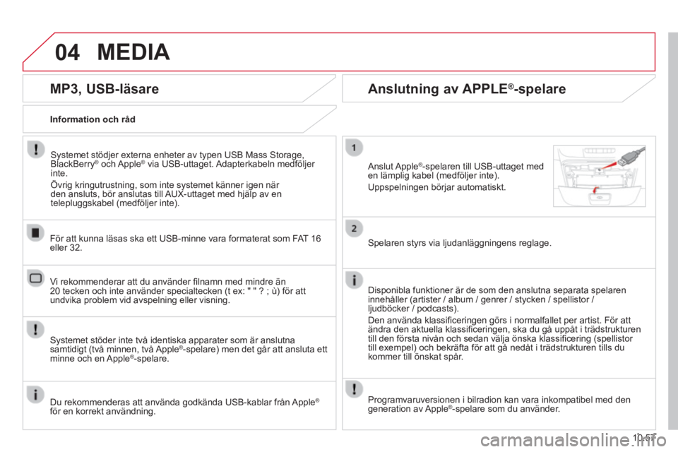 CITROEN JUMPER 2015 InstruktionsbÖcker (in Swedish) 04
10.57
JUMPER-PAPIER_SV_CHAP10B_AUTORADIO_FIAT-4_ED01-2014
MEDIA
MP3, USB-läsare
Information och råd
Systemet stödjer externa enheter av typen USB Mass Storage, BlackBerry ® och CITROEN JUMPER 2015 InstruktionsbÖcker (in Swedish) 04
10.57
JUMPER-PAPIER_SV_CHAP10B_AUTORADIO_FIAT-4_ED01-2014
MEDIA
MP3, USB-läsare
Information och råd
Systemet stödjer externa enheter av typen USB Mass Storage, BlackBerry ® och