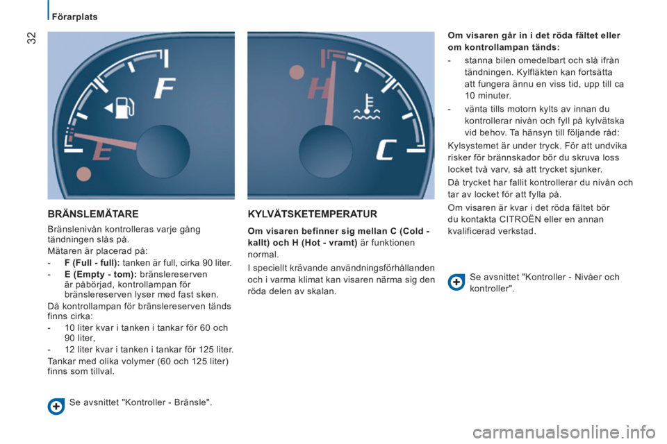 CITROEN JUMPER 2015  InstruktionsbÖcker (in Swedish)    Förarplats   
32
JUMPER-PAPIER_SV_CHAP02_PRET A  PARTIR_ED01-2014
 BRÄNSLEMÄTARE 
 Bränslenivån kontrolleras varje gång 
tändningen slås på. 
 Mätaren är placerad på: 
   -    F (Full -