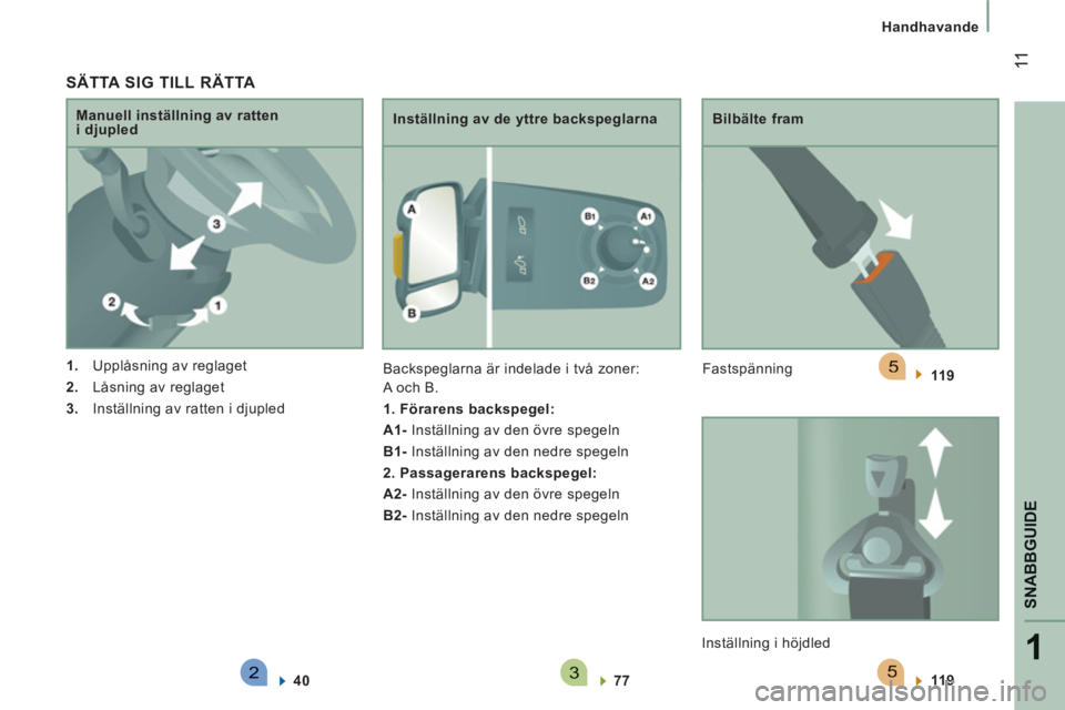 CITROEN JUMPER 2014  InstruktionsbÖcker (in Swedish) 523
5
1
SNABBGUID
E
 11
Handhavande
   SÄTTA SIG TILL RÄTTA 
 
 
 
1. 
  Upplåsning av reglaget 
   
2. 
  Låsning av reglaget 
   
3. 
  Inställning av ratten i djupled      
Manuell inställnin