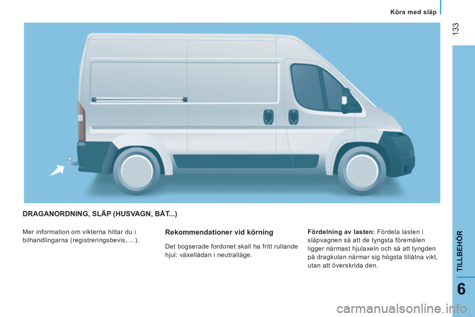 CITROEN JUMPER 2014 InstruktionsbÖcker (in Swedish) 133
6
TILLBEHÖ
R
DRAGANORDNING, SLÄP (HUSVAGN, BÅT...)
Mer information om vikterna hittar du i
bilhandlingarna (registreringsbevis, ...).
Fördelning av lasten:
Fördela lasten i
släpva CITROEN JUMPER 2014 InstruktionsbÖcker (in Swedish) 133
6
TILLBEHÖ
R
DRAGANORDNING, SLÄP (HUSVAGN, BÅT...)
Mer information om vikterna hittar du i
bilhandlingarna (registreringsbevis, ...).
Fördelning av lasten:
Fördela lasten i
släpva