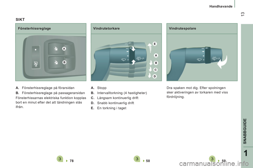 CITROEN JUMPER 2014  InstruktionsbÖcker (in Swedish) 3331
SNABBGUID
E
13
Handhavande
   50  
 
 
     
Vindrutespolare 
  Dra spaken mot dig. Efter spolningen 
sker aktiveringen av torkaren med viss 
fördröjning. 
   SIKT
 
 
78  
     
Fönsterhissre