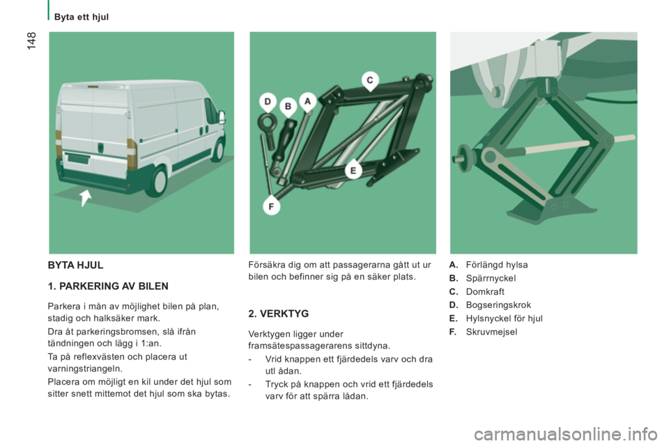 CITROEN JUMPER 2014 InstruktionsbÖcker (in Swedish) 14
8
Byta ett hjul
1. PARKERING AV BILEN
Parkera i mån av möjlighet bilen på plan,
stadig och halksäker mark.
Dra åt parkeringsbromsen, slå ifrån
tändningen och lägg i 1:an. CITROEN JUMPER 2014 InstruktionsbÖcker (in Swedish) 14
8
Byta ett hjul
1. PARKERING AV BILEN
Parkera i mån av möjlighet bilen på plan,
stadig och halksäker mark.
Dra åt parkeringsbromsen, slå ifrån
tändningen och lägg i 1:an.