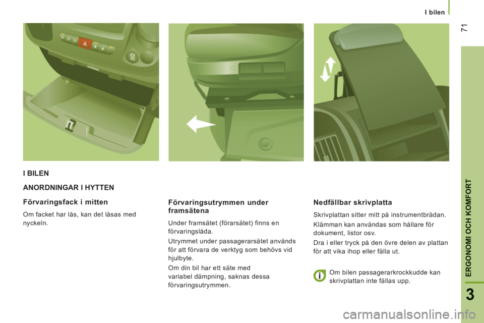 CITROEN JUMPER 2014 InstruktionsbÖcker (in Swedish) 71
3
ERGONOMI OCH KOMFOR
T
I bilen
ANORDNINGAR I HYTTEN
F
örvaringsutrymmen under framsätena
Under framsätet (förarsätet) finns en
förvaringslåda.
Utrymmet under passagerarsätet anv CITROEN JUMPER 2014 InstruktionsbÖcker (in Swedish) 71
3
ERGONOMI OCH KOMFOR
T
I bilen
ANORDNINGAR I HYTTEN
F
örvaringsutrymmen under framsätena
Under framsätet (förarsätet) finns en
förvaringslåda.
Utrymmet under passagerarsätet anv