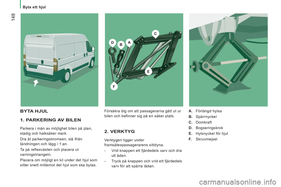 CITROEN JUMPER 2013 InstruktionsbÖcker (in Swedish) 14
8
Byta ett hjul
1. PARKERING AV BILEN
Parkera i mån av möjlighet bilen på plan,
stadig och halksäker mark.
Dra åt parkeringsbromsen, slå ifrån
tändningen och lägg i 1:an. CITROEN JUMPER 2013 InstruktionsbÖcker (in Swedish) 14
8
Byta ett hjul
1. PARKERING AV BILEN
Parkera i mån av möjlighet bilen på plan,
stadig och halksäker mark.
Dra åt parkeringsbromsen, slå ifrån
tändningen och lägg i 1:an.