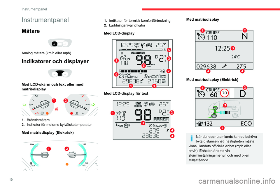 CITROEN JUMPER DISPATCH 2021  InstruktionsbÖcker (in Swedish) 10
Instrumentpanel
Instrumentpanel
Mätare 
 
Analog mätare (km/h eller mph).
Indikatorer och displayer 
 
Med LCD-skärm och text eller med 
matrisdisplay
 
 
1.Bränslemätare
2. Indikator för mot