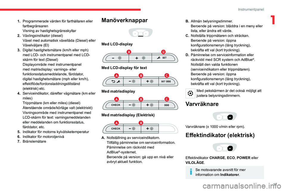 CITROEN JUMPER DISPATCH 2021  InstruktionsbÖcker (in Swedish) 11
Instrumentpanel
11.Programmerade värden för farthållaren eller 
fartbegränsaren
Visning av hastighetsgränsskyltar
2. Växlingsindikator (diesel)
Växel med automatisk växellåda (Diesel) elle