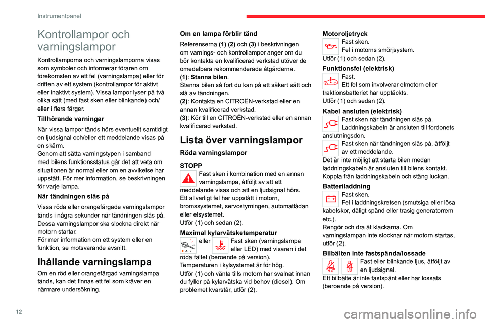 CITROEN JUMPER DISPATCH 2021  InstruktionsbÖcker (in Swedish) 12
Instrumentpanel
Kontrollampor och 
varningslampor
Kontrollamporna och varningslamporna visas 
som symboler och informerar föraren om 
förekomsten av ett fel (varningslampa) eller för 
driften av
