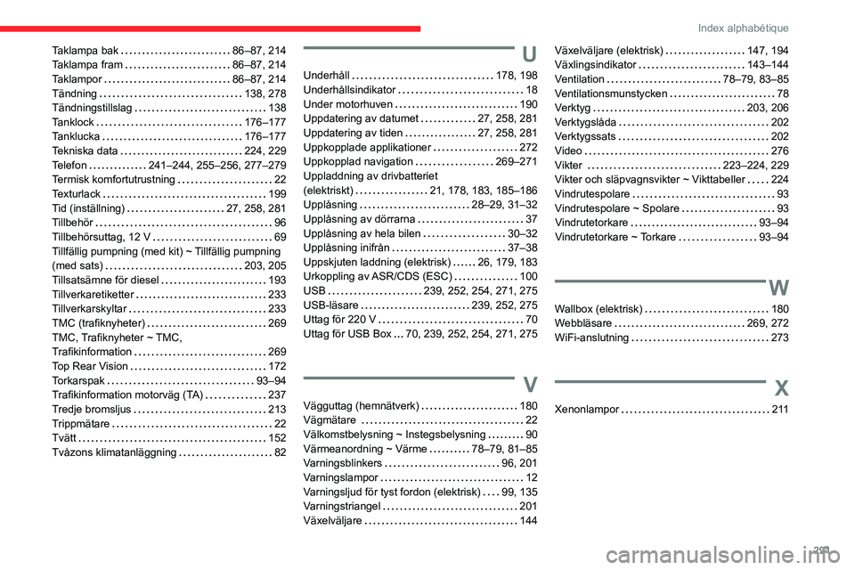 CITROEN JUMPER DISPATCH 2021 InstruktionsbÖcker (in Swedish) 291
Index alphabétique
Taklampa bak 86–87, 214
Taklampa fram
86–87, 214
Taklampor
86–87, 214
Tändning
138, 278
Tändningstillslag
138
Tanklock
176–177
Tanklucka
CITROEN JUMPER DISPATCH 2021 InstruktionsbÖcker (in Swedish) 291
Index alphabétique
Taklampa bak 86–87, 214
Taklampa fram
86–87, 214
Taklampor
86–87, 214
Tändning
138, 278
Tändningstillslag
138
Tanklock
176–177
Tanklucka