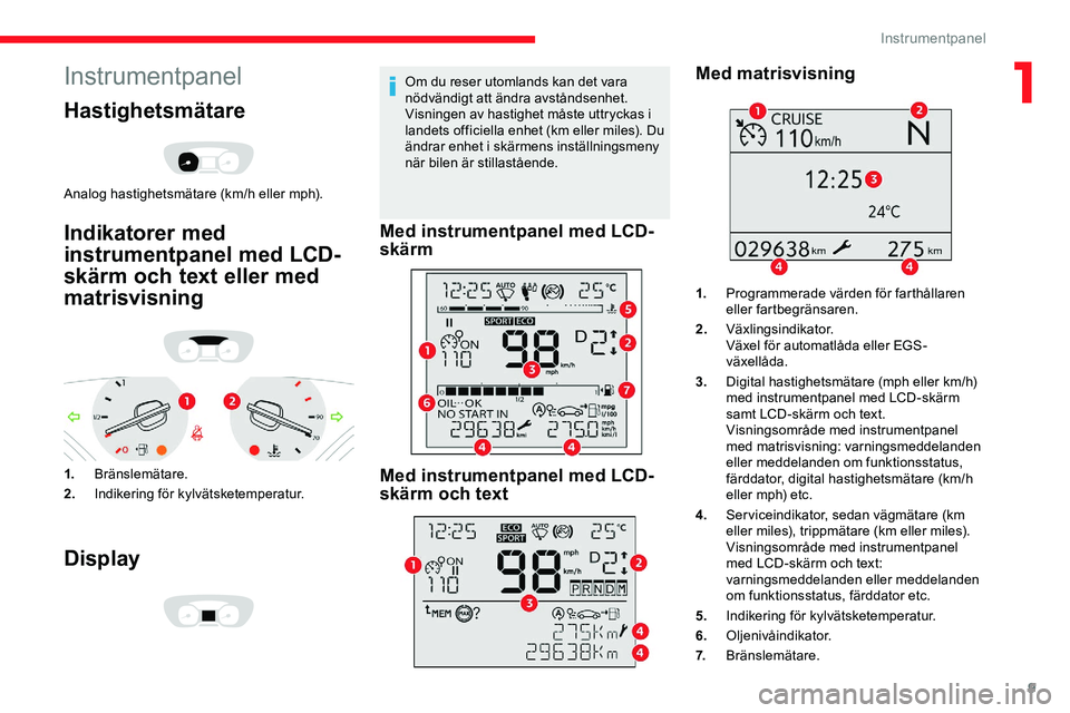 CITROEN JUMPER SPACETOURER 2020  InstruktionsbÖcker (in Swedish) 9
Instrumentpanel
Hastighetsmätare
Analog hastighetsmätare (km/h eller mph).
Indikatorer med 
instrumentpanel med LCD-
skärm och text eller med 
matrisvisning
1.Bränslemätare.
2. Indikering för 