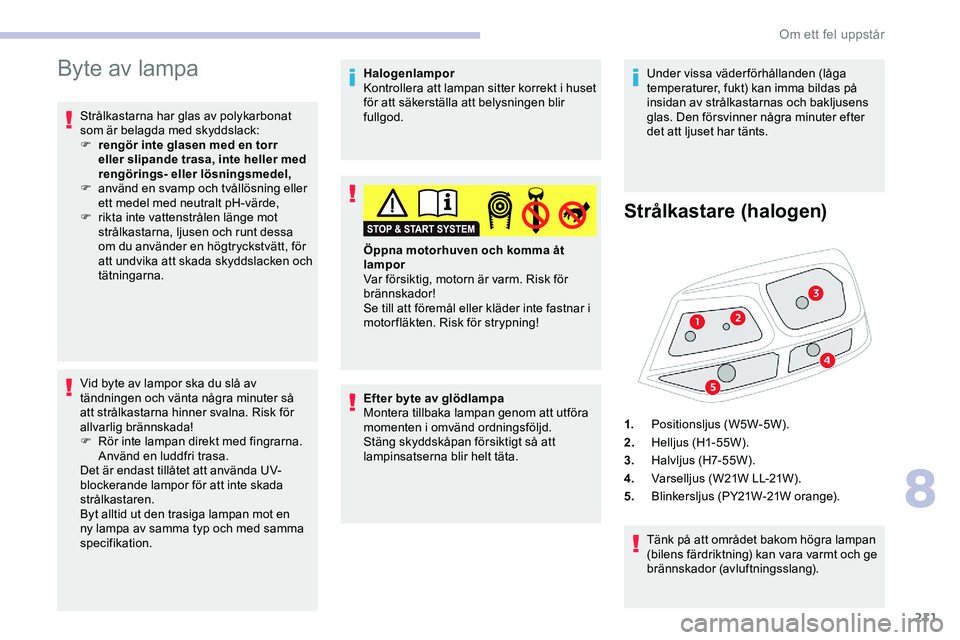 CITROEN JUMPER DISPATCH 2018 InstruktionsbÖcker (in Swedish) 211
Byte av lampa
Strålkastarna har glas av polykarbonat
som är belagda med skyddslack:
F
r
engör inte glasen med en torr
eller slipande trasa, inte heller med
rengörings- eller lösningsmede CITROEN JUMPER DISPATCH 2018 InstruktionsbÖcker (in Swedish) 211
Byte av lampa
Strålkastarna har glas av polykarbonat
som är belagda med skyddslack:
F
r
engör inte glasen med en torr
eller slipande trasa, inte heller med
rengörings- eller lösningsmede