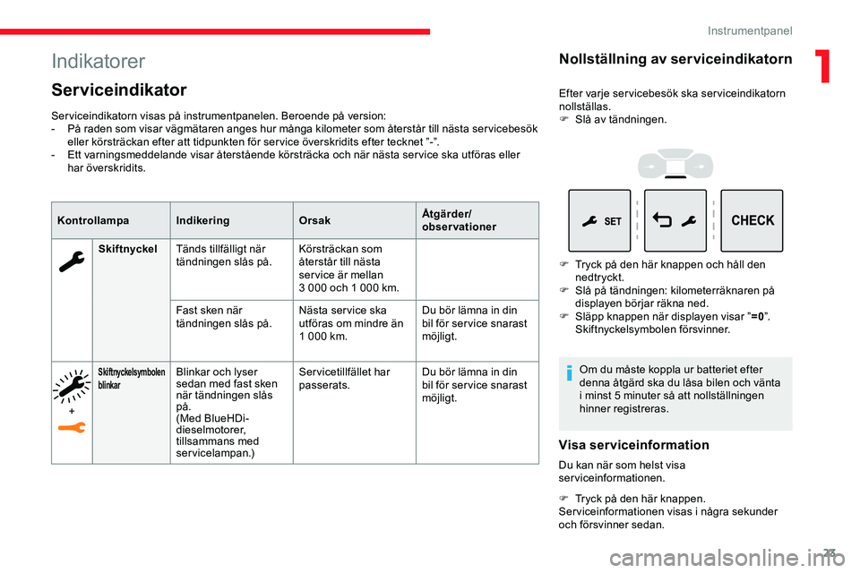 CITROEN JUMPER SPACETOURER 2020  InstruktionsbÖcker (in Swedish) 23
Indikatorer
Serviceindikator
Serviceindikatorn visas på instrumentpanelen. Beroende på version:
- P å raden som visar vägmätaren anges hur många kilometer som återstår till nästa ser viceb