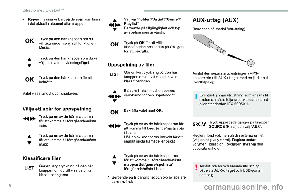 CITROEN JUMPER DISPATCH 2020  InstruktionsbÖcker (in Swedish) 8
- Repeat: lyssna enbart på de spår som finns 
i det aktuella albumet eller mappen.
Tryck på den här knappen om du 
vill visa undermenyn till funktionen 
Media.
Tryck på den här knappen om du v