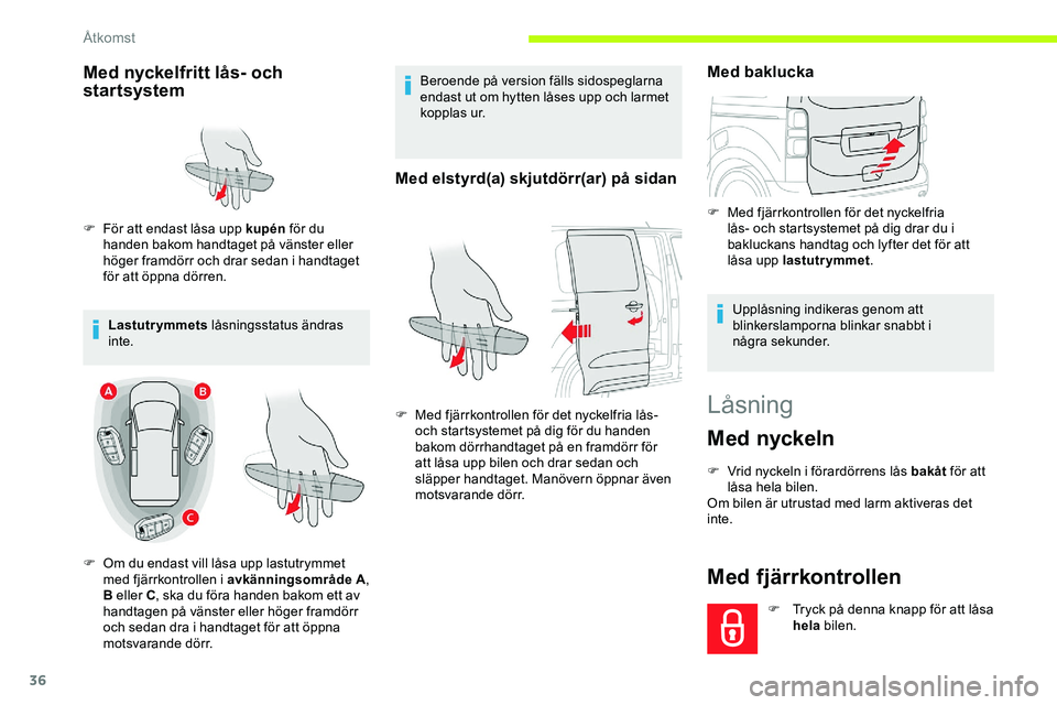 CITROEN JUMPER DISPATCH 2020 InstruktionsbÖcker (in Swedish) 36
Låsning
Med nyckeln
F Vrid nyckeln i förardörrens lås bakåt för att
låsa hela bilen.
Om bilen är utrustad med larm aktiveras det
inte.
Med fjärrkontrollen
F Tryck på denna knapp för at CITROEN JUMPER DISPATCH 2020 InstruktionsbÖcker (in Swedish) 36
Låsning
Med nyckeln
F Vrid nyckeln i förardörrens lås bakåt för att
låsa hela bilen.
Om bilen är utrustad med larm aktiveras det
inte.
Med fjärrkontrollen
F Tryck på denna knapp för at