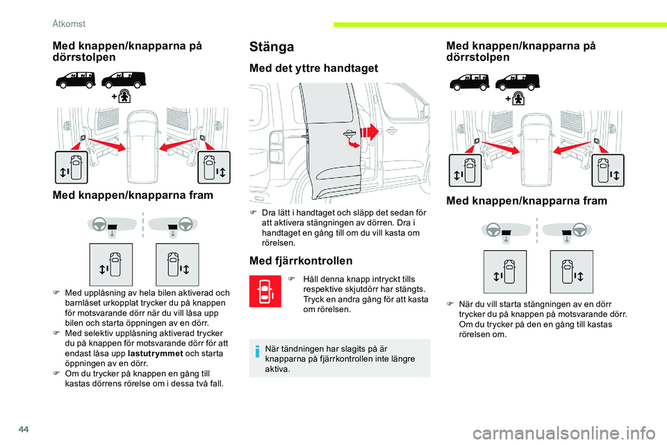 CITROEN JUMPER DISPATCH 2020  InstruktionsbÖcker (in Swedish) 44
Med knappen/knapparna på 
dörrstolpen
Med knappen/knapparna fram
F Med upplåsning av hela bilen aktiverad och  barnlåset urkopplat trycker du på knappen 
för motsvarande dörr när du vill l�