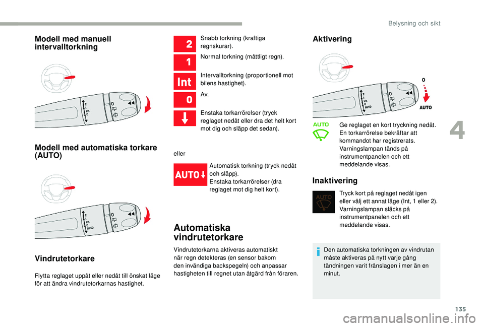 CITROEN JUMPER SPACETOURER 2018  InstruktionsbÖcker (in Swedish) 135
Modell med manuell 
intervalltorkning
Modell med automatiska torkare 
(AUTO)
Vindrutetorkare
Flytta reglaget uppåt eller nedåt till önskat läge 
för att ändra vindrutetorkarnas hastighet.Sna