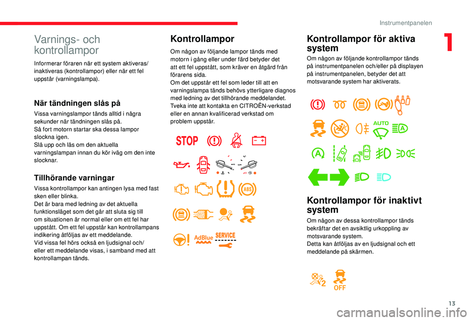 CITROEN JUMPER SPACETOURER 2018 InstruktionsbÖcker (in Swedish) 13
Kontrollampor för aktiva
system
Om någon av följande kontrollampor tänds
på instrumentpanelen och/eller på displayen
på instrumentpanelen, betyder det att
motsvarande system har aktivera CITROEN JUMPER SPACETOURER 2018 InstruktionsbÖcker (in Swedish) 13
Kontrollampor för aktiva
system
Om någon av följande kontrollampor tänds
på instrumentpanelen och/eller på displayen
på instrumentpanelen, betyder det att
motsvarande system har aktivera