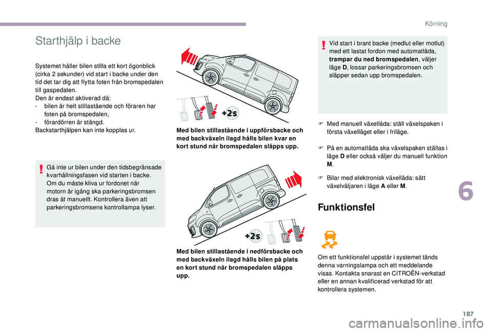 CITROEN JUMPER SPACETOURER 2018 InstruktionsbÖcker (in Swedish) 187
Starthjälp i backe
Systemet håller bilen stilla ett kort ögonblick
(cirka 2 sekunder) vid start i backe under den
tid det tar dig att flytta foten från bromspedalen
till gaspedalen.
Den är CITROEN JUMPER SPACETOURER 2018 InstruktionsbÖcker (in Swedish) 187
Starthjälp i backe
Systemet håller bilen stilla ett kort ögonblick
(cirka 2 sekunder) vid start i backe under den
tid det tar dig att flytta foten från bromspedalen
till gaspedalen.
Den är