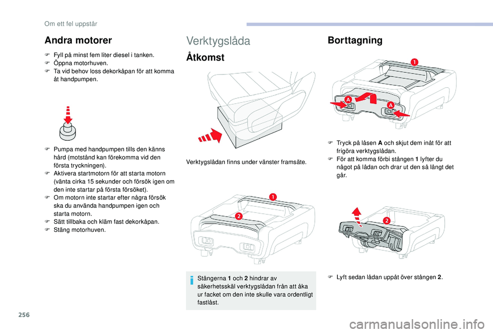 CITROEN JUMPER SPACETOURER 2018 InstruktionsbÖcker (in Swedish) 256
Andra motorer
F Fyll på minst fem liter diesel i tanken.
F Ö ppna motorhuven.
F
T
a vid behov loss dekorkåpan för att komma
Ã¥t handpumpen.
F
P
umpa med handpumpen tills den känns
hå CITROEN JUMPER SPACETOURER 2018 InstruktionsbÖcker (in Swedish) 256
Andra motorer
F Fyll på minst fem liter diesel i tanken.
F Ö ppna motorhuven.
F
T
a vid behov loss dekorkåpan för att komma
Ã¥t handpumpen.
F
P
umpa med handpumpen tills den känns
hå