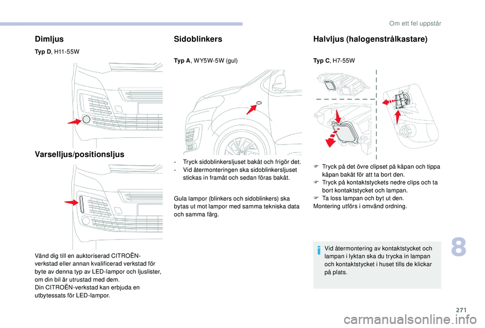 CITROEN JUMPER SPACETOURER 2018  InstruktionsbÖcker (in Swedish) 271
Dimljus
Ty p  D,  H11 - 5 5 W
Varselljus/positionsljus
Vänd dig till en auktoriserad CITROËN-
verkstad eller annan kvalificerad verkstad för 
byte av denna typ av LED-lampor och ljuslister, 
om