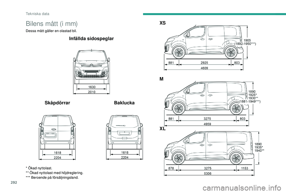 CITROEN JUMPER SPACETOURER 2018  InstruktionsbÖcker (in Swedish) 292
Bilens mått (i mm)
Dessa mått gäller en olastad bil.
Infällda sidospeglar
Skåpdörrar BakluckaXS
M
XL
* Ökad nyttolast.
** Ökad nyttolast med höjdreglering.
*** Beroende på försäljnings